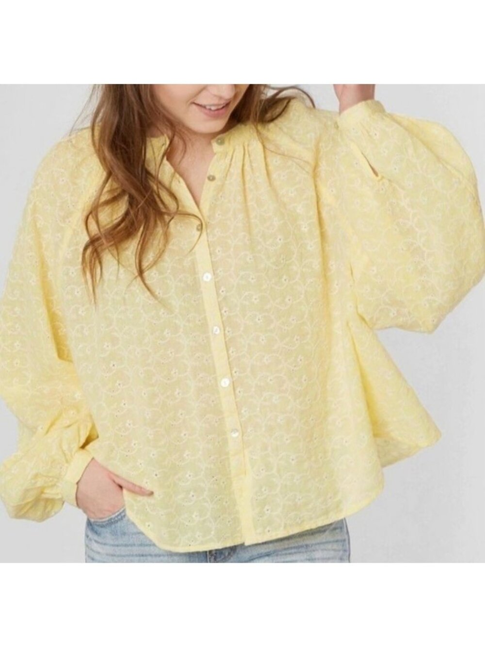 FP Button Up Floral Eyelet Oversized Top Dolman Sleeves Bohemian Butter Yellow S
